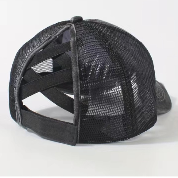 Ponytail Baseball Cap| Embroidered Black Washed Distressed Trucker Hat For Women - Picture 2 of 6